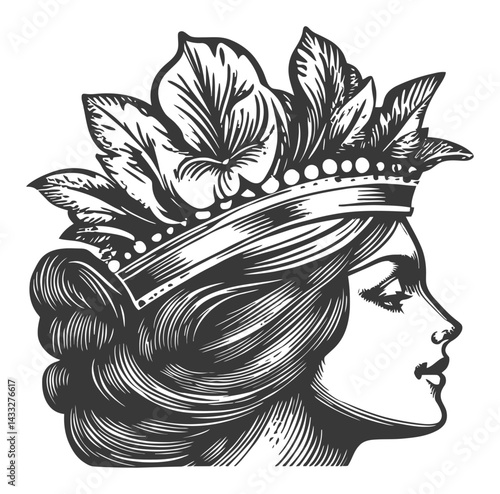 Elegant Female Profile with Floral Crown Engraving Illustration Design