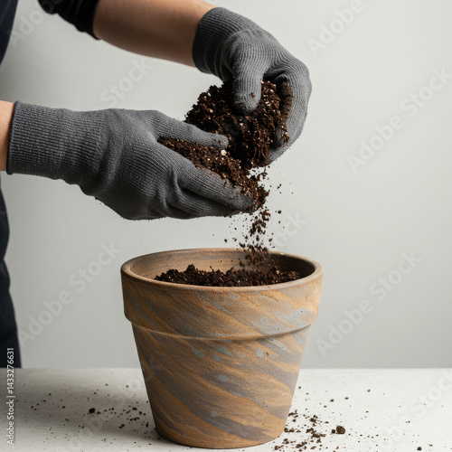 Gloved hands pour the soil into the pot, preparing the plants for planting. The importance of proper substrate for plant growth and health. Close-up.