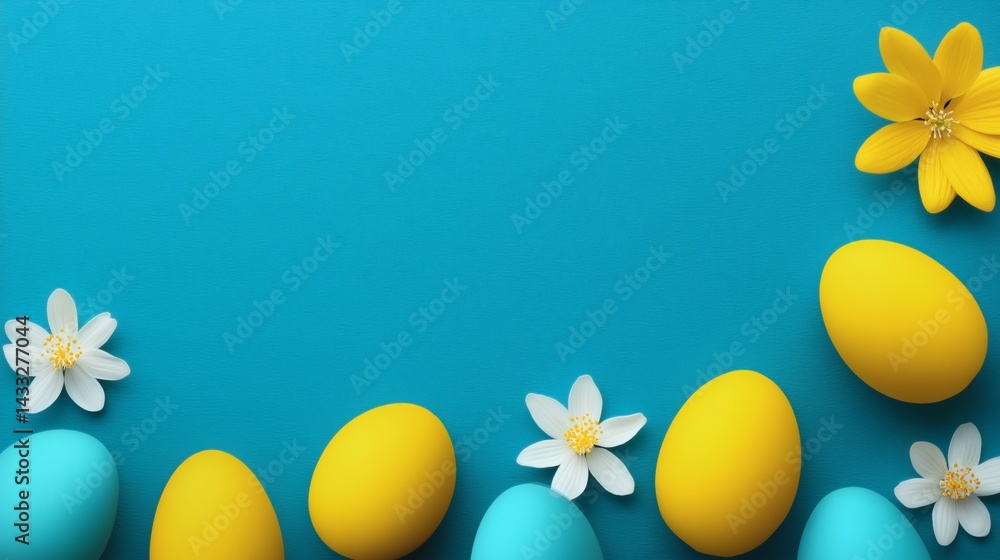 Yellow and blue Easter eggs with white flowers, Minimal festive layout on blue background, Elegant seasonal concept for design