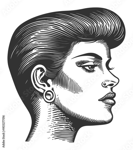 Vintage Profile Illustration of a Stylish Woman in Engraving Style