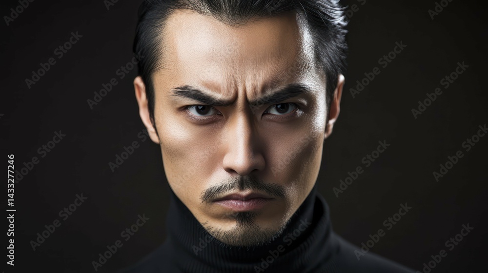 Asian man faces forward, frowning intensely, expression serious, radiating sternness, power, and determination. Asian man faces forward, frowning intensely, expression serious, radiating sternness, power, and determination.
