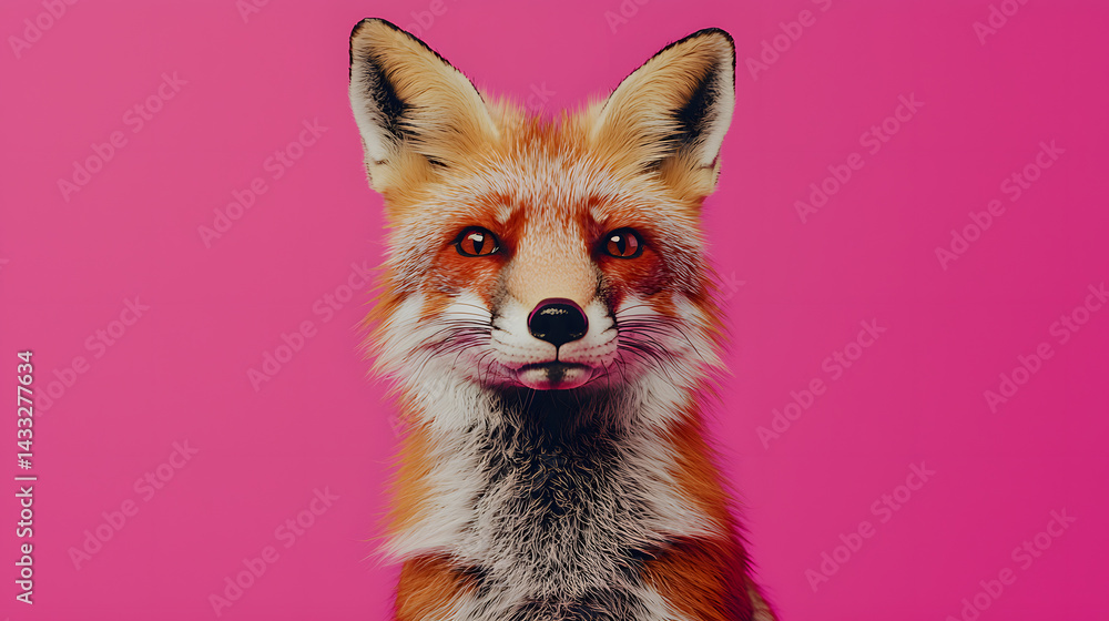 Fototapeta premium Fox on Pink: A captivating studio portrait of a red fox, its intelligent eyes and striking features set against a vibrant pink backdrop, creating a visually arresting image.