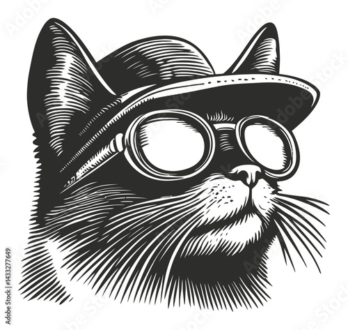 Stylish Cat in Goggles and Hat - Vintage Engraving Illustration