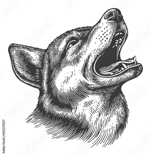 Black and White Engraving of a Howling Dog in Classic Style