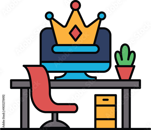 A computer monitor sits on a desk with a red chair in front of it