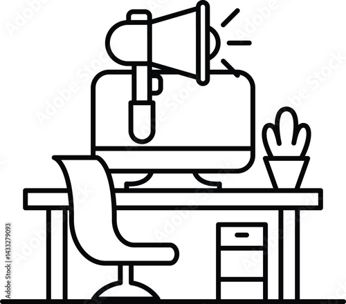 computer monitor sits on a desk with a chair and a potted plant