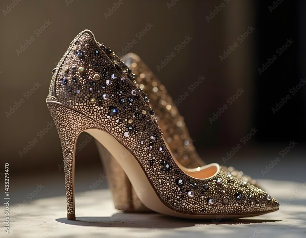 Obraz premium Side View of the high heels with The alluring high heel curve, sharp cut and glam embellishments on these high heels highlight the feminine silhouette from the side