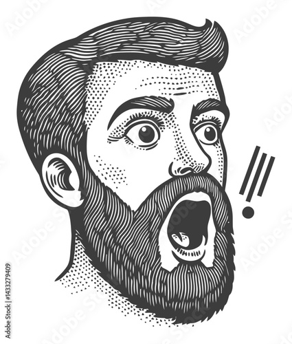 Engraved Expression of Shock in Male Character with Beard and Hair