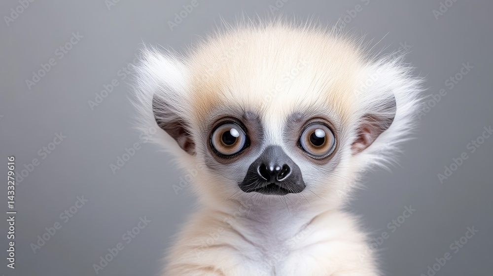 Fototapeta premium Close-up portrait of an adorable baby lemur with big eyes and fluffy white fur against a soft grey background.