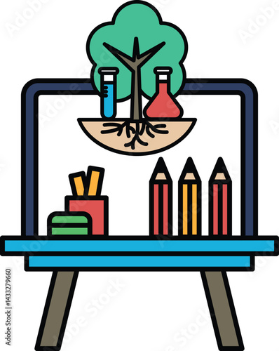 A drawing of a tree with a lab bench and a pencil holder