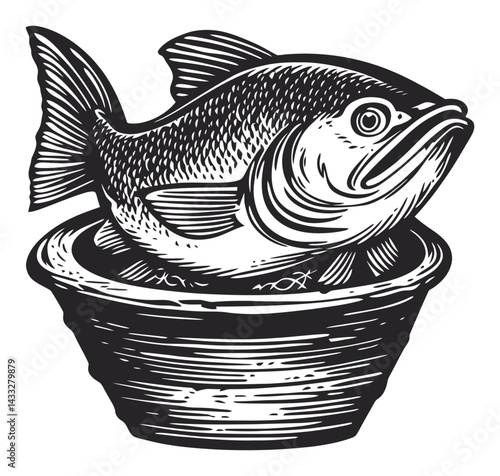 Detailed Engraving of a Fish in an Artistic Woodcut Style