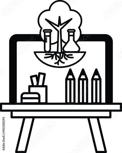 drawing of a tree with a lab bench and a pencil holder