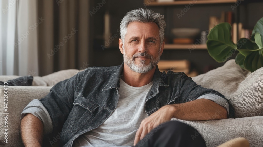 Mature Caucasian man sits, looking calm, relaxed on couch, enjoying quiet moment, home atmosphere, comfort. Mature Caucasian man sits, looking calm, relaxed on couch, enjoying quiet moment, home atmosphere, comfort.