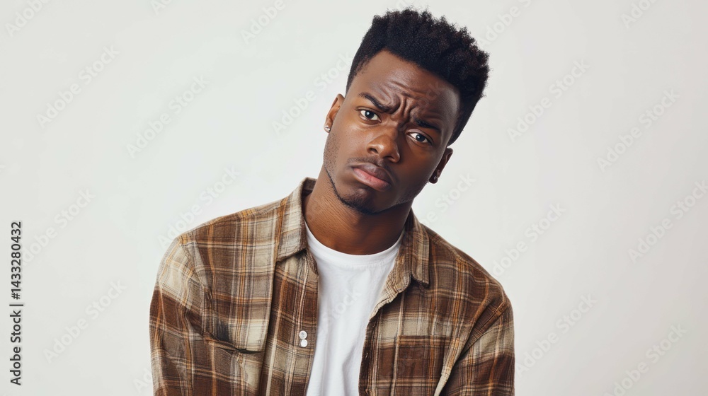 Obraz premium African American man appears skeptical, frowns in disbelief, showing concern, wearing plaid shirt, tee.
