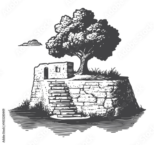 Detailed Engraving of a Tree and Stone Structure atop a Hill