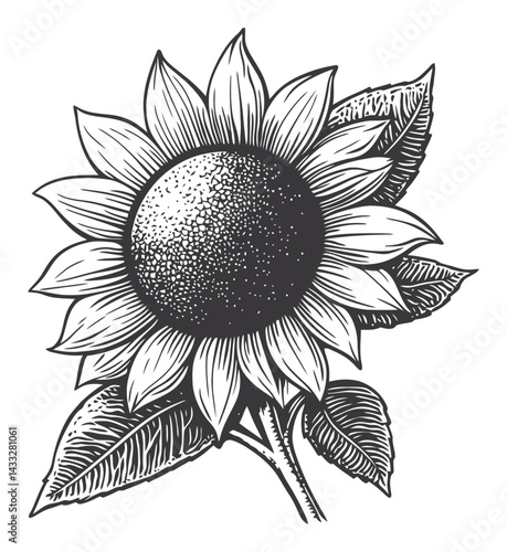 Detailed Engraving of a Sunflower in Classic Woodcut Style