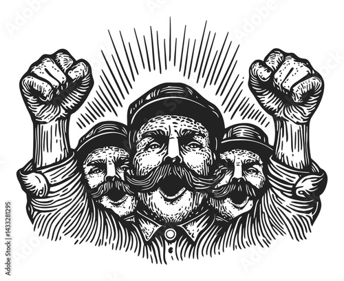 Vintage Engraving of Three Strong Men with Raised Fists and Mustaches