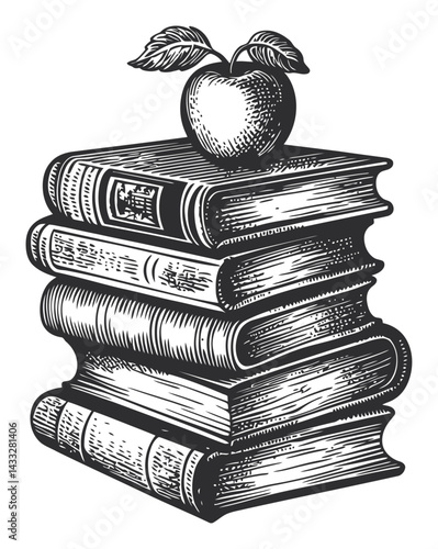 Vintage Engraving of Stacked Books with Apple on Top in Classic Style