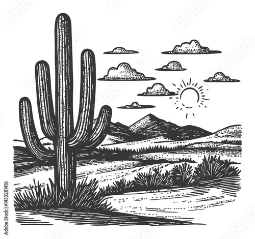 Detailed Black and White Illustration of Desert Landscape with Cactus