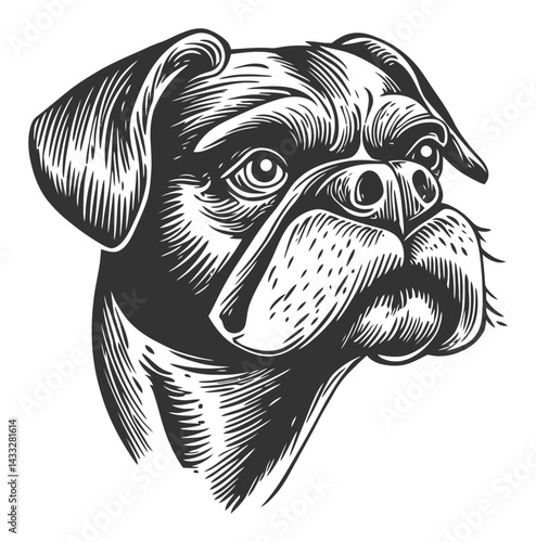 Engraved Illustration of a Thoughtful Dog in Woodcut Style