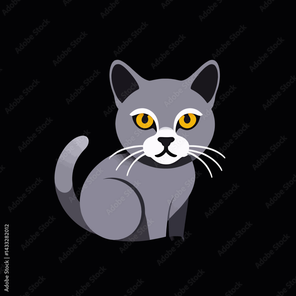 Fototapeta premium Cute_Gray_Cartoon_Cat_Illustration-Yellow_Eyes-Black_Background