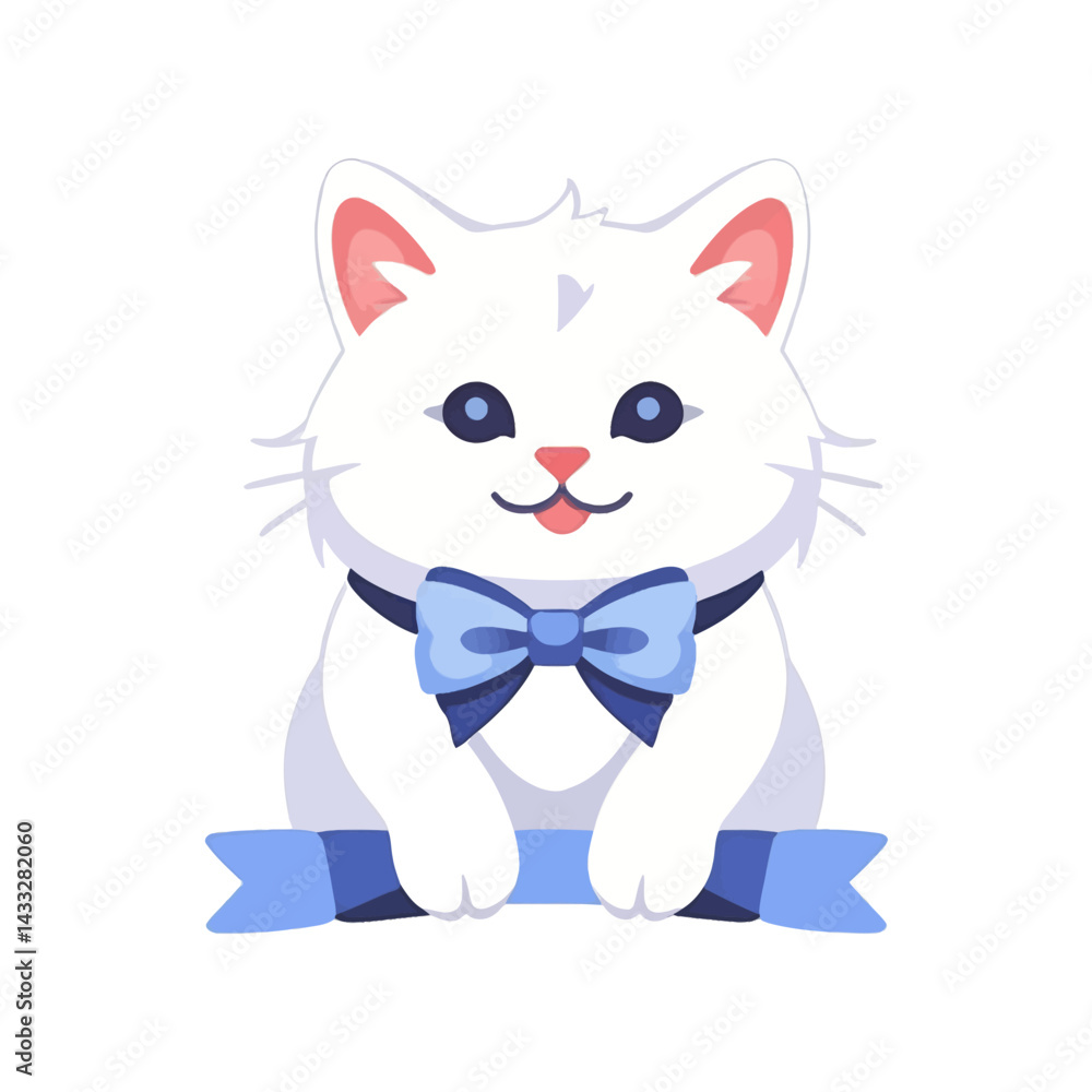 Obraz premium Cute_White_Cat_Bowtie_Cartoon_Illustration_Kitty_Pet_Animal