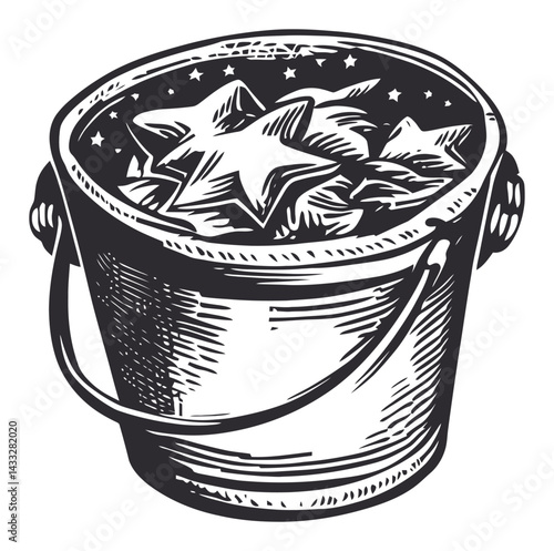 Vintage Engraving of Bucket Filled with Stars in Black and White Style
