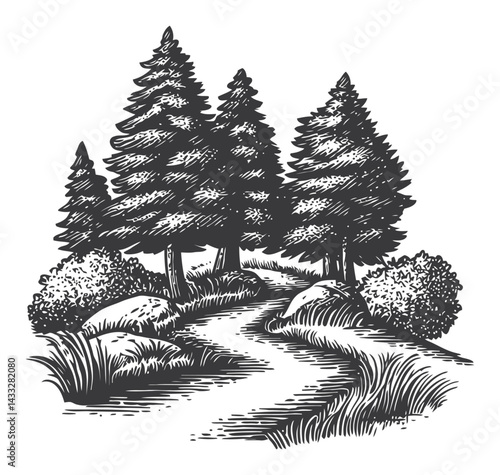 Detailed Engraving of a Serene Forest Path with Trees and Rocks