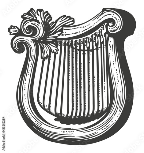 Vintage Engraved Illustration of a Decorative Harp Design