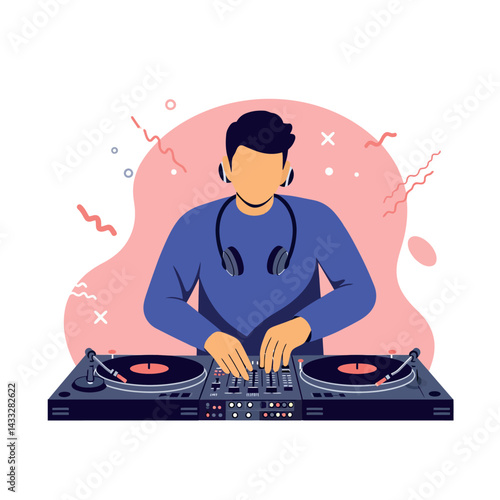 Male DJ playing music on turntables with headphones in modern illustration style 