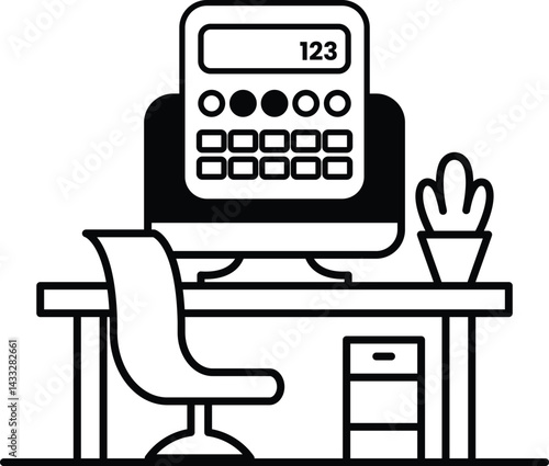 computer monitor sits on a desk with a calculator and a potted plant