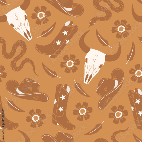 Seamless pattern with cowboy boots, hat, skull and snake on warm yellow background. Wild West style. Hand drawn vector illustration for wrapping paper, textile, fabric.