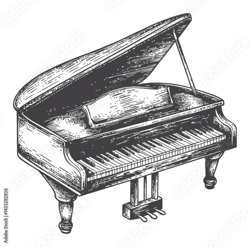 Vintage Engraving of Grand Piano in Classic Woodcut Style Illustration