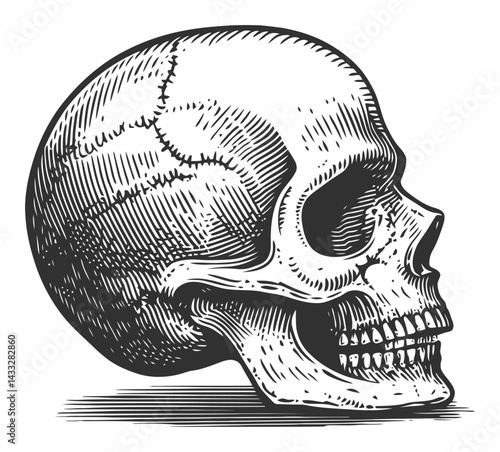 Detailed Engraved Skull Illustration in Classic Woodcut Style