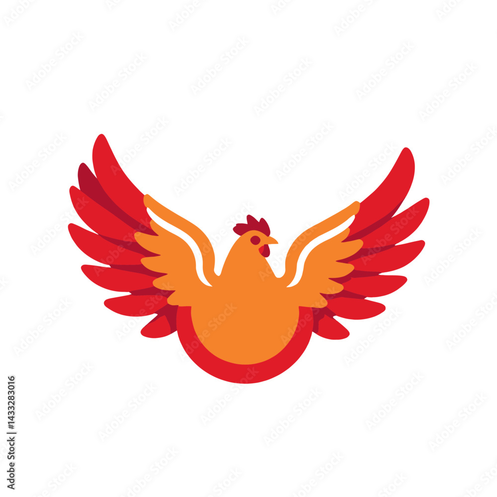 Obraz premium Flying-Chicken-Illustration-Red-Orange-Wings-Animal-Graphic