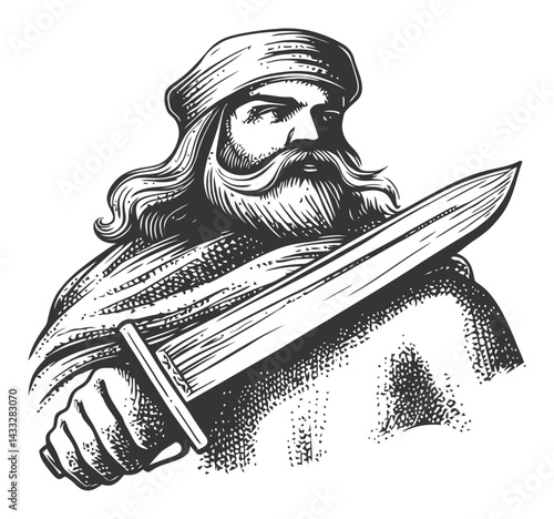 Engraving of a Warrior with Sword in Vintage Style Illustration
