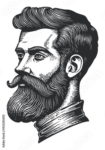 Detailed Engraving of a Man with Beard and Mustache in Vintage Style