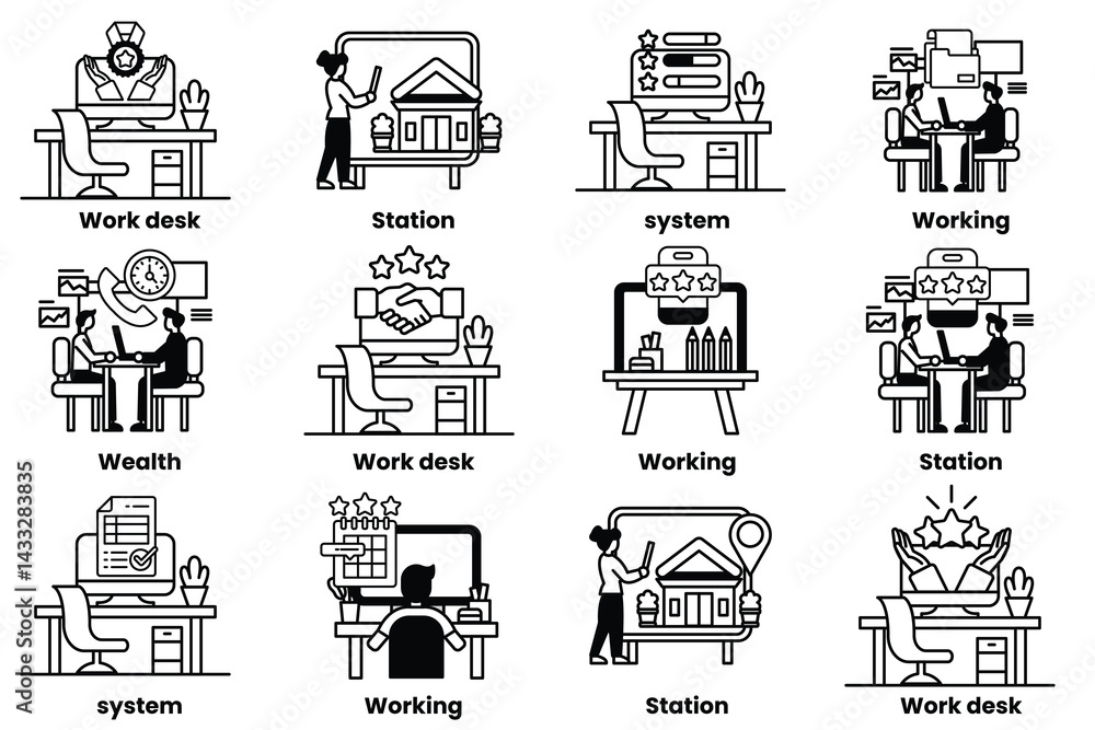 set of illustrations in the concept of office desks and business equipment in a line style set of illustrations in the concept of office desks and business equipment in a line style