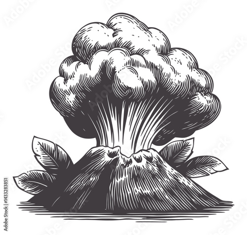 Vintage Engraving of Erupting Volcano in Woodcut Style Art