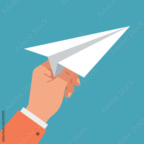 Hand Holding White Paper Airplane on Blue Background Vector Illustration 