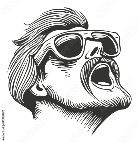 Vintage Engraving Style Portrait of Man Wearing Sunglasses