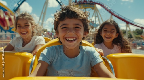 Fototapeta Naklejka Na Ścianę i Meble -  Three joyful children laughing while riding a rollercoaster at a theme park