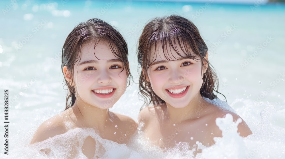 Two young women enjoying a sunny, splashing day at the beach. They are smiling and appear happy, with frothy waves around them Two young women enjoying a sunny, splashing day at the beach. They are smiling and appear happy, with frothy waves around them