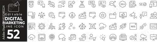 Digital Marketing Icon Set: A Line Icon Collection Featuring SEO, Social Media, Ads, Analytics, Content, and More