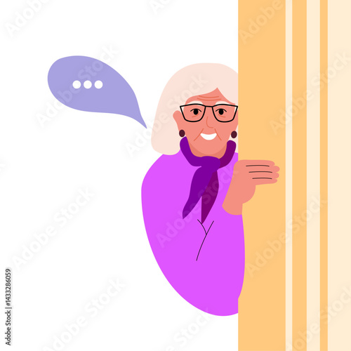 Modern old senior woman. Happy elderly curious person looking from behind door. Trendy aged retired character. Old woman peeping, watching and spying on someone. Vector illustration 