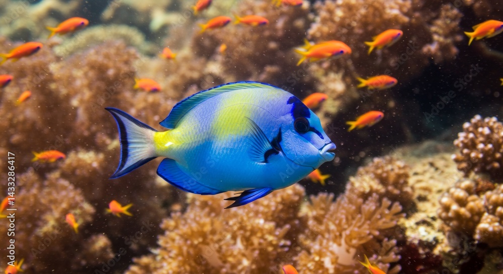 Fototapeta premium Blue Tang Swimming in Coral Reef with Schooling Anthias Fish