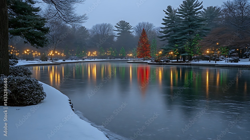 Obraz premium Winter park Christmas lights reflected