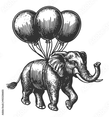 Engraved Elephant with Balloons in Vintage Illustration Style