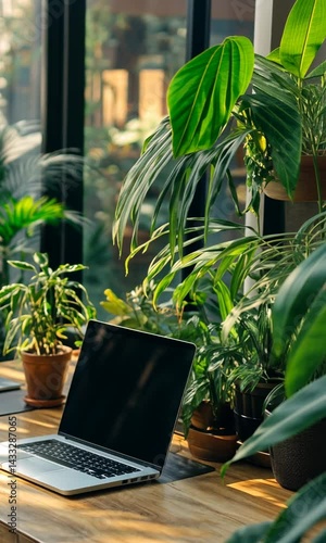 A serene workspace with a laptop surrounded by vibrant indoor plants in a sunlit room