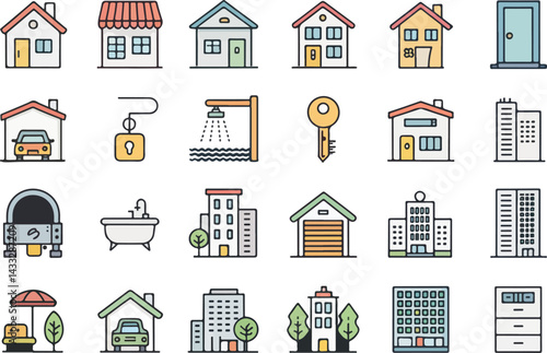 Silhouette real estate icons set. Set of outline variant silhouette real estate symbol icons collection